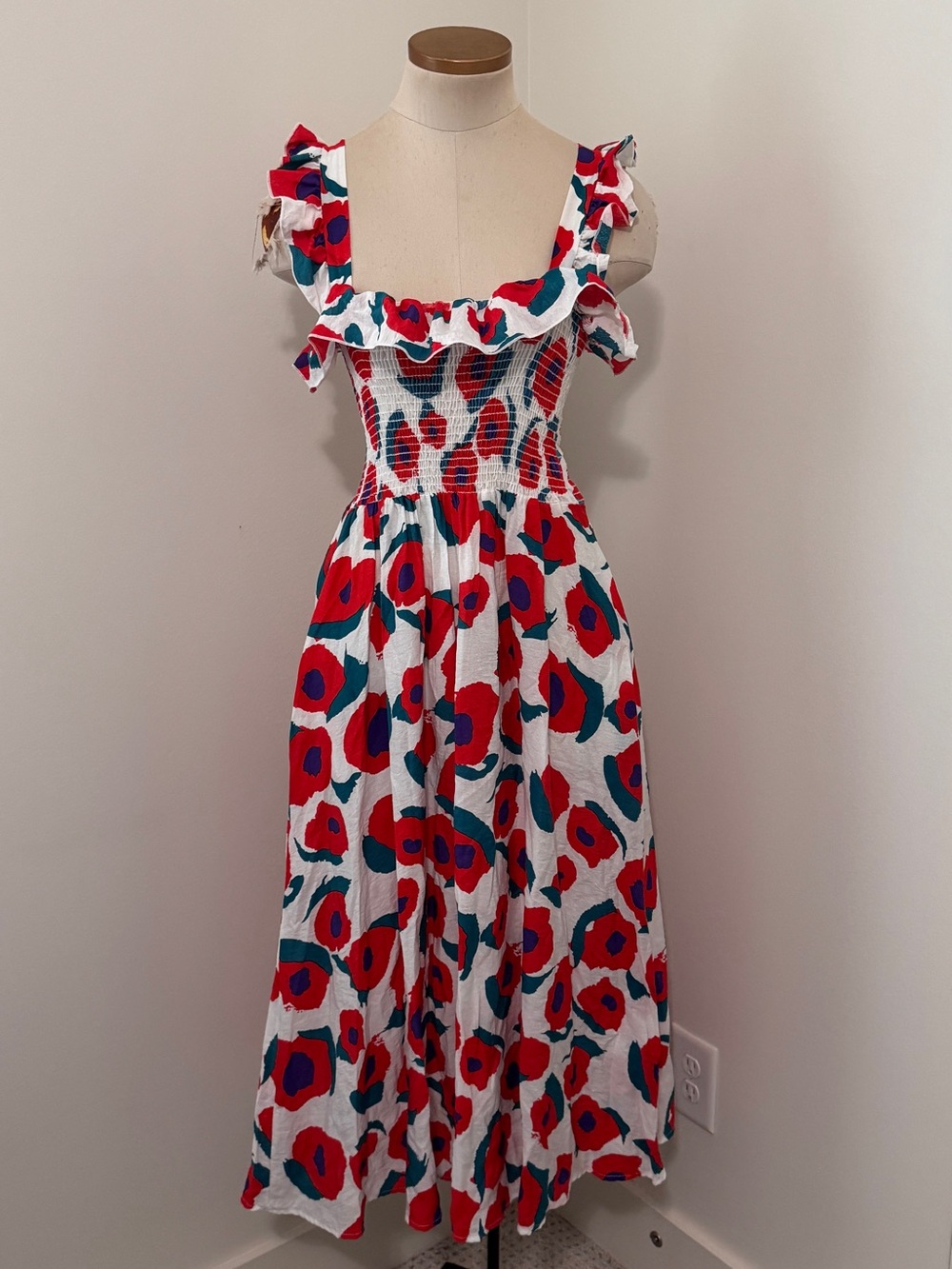 Bucket List Small Floral Roses Smocked Ruffle Strap Midi Dress